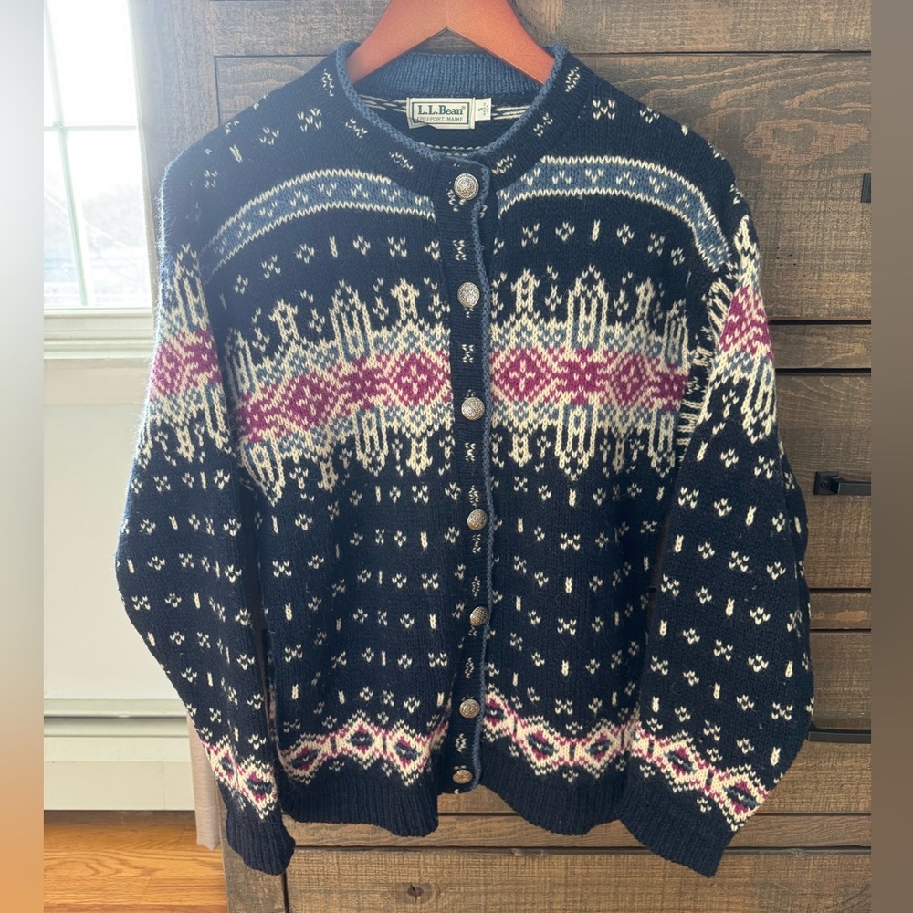 Vintage L.L.Bean Fair Isle Wool Cardigan Sweater | Made in USA, Size Small